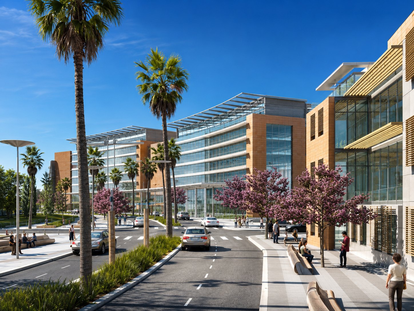 Street-level rendering of the MarchLife campus with pedestrians, palm-lined boulevards and clinical buildings
