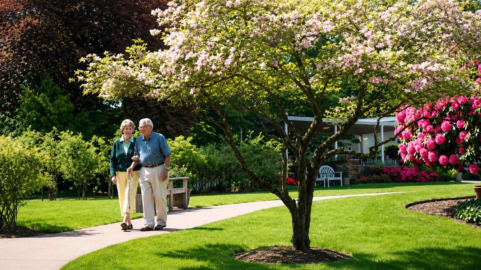 Residents walking a path through a landscaped healing garden with flowering trees