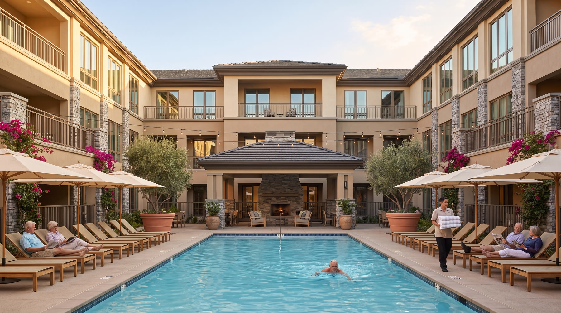 Rendering of the resort courtyard and pool at MarchLife South, wrapped by residence wings
