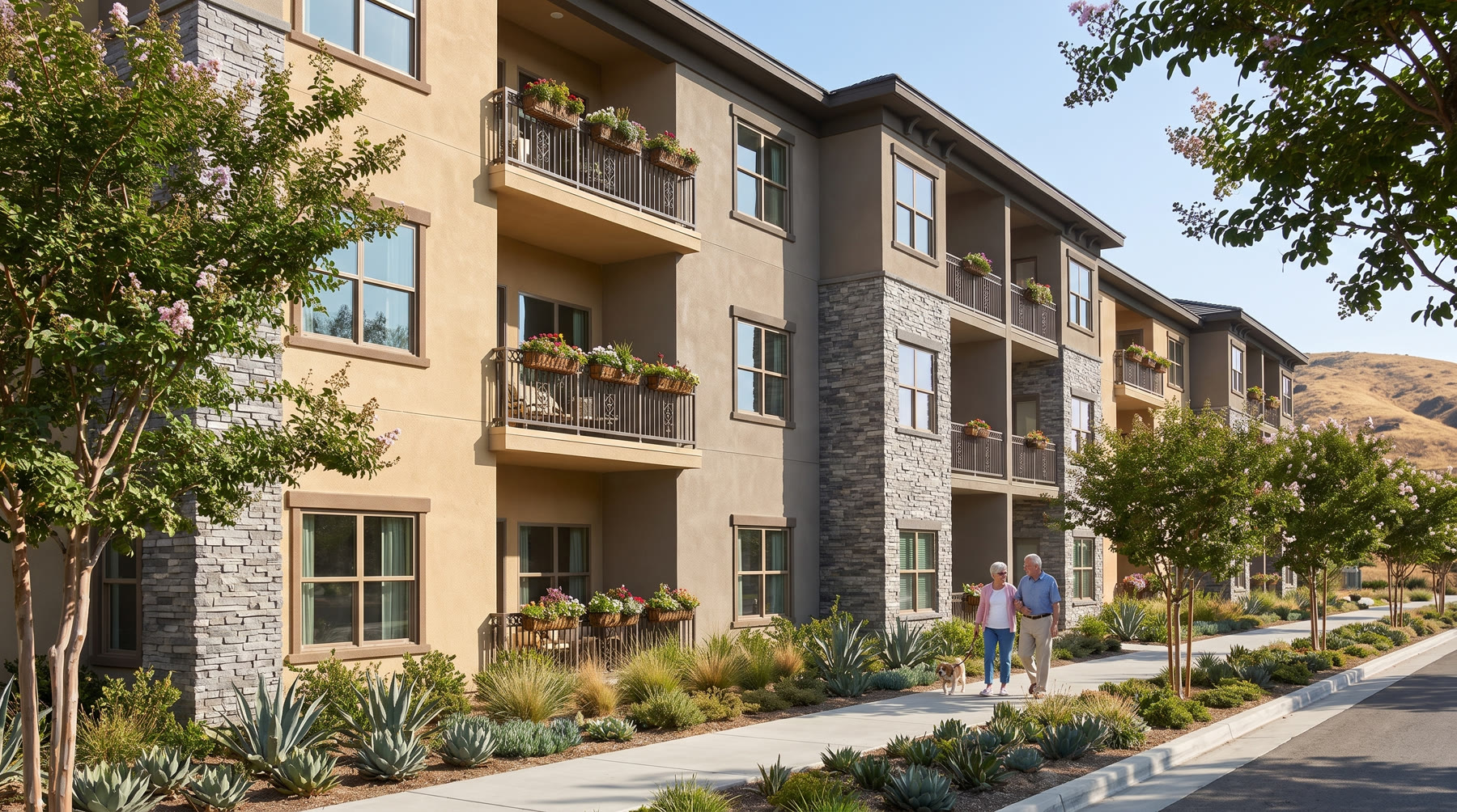 Rendering of the three-story independent living residences at MarchLife South on a clear morning